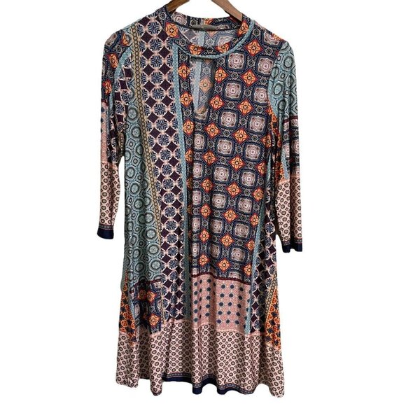 Janette Plus Womens Blue Geometric Keyhole Long Sleeve Boho Stretch Dress Medium - Picture 1 of 5